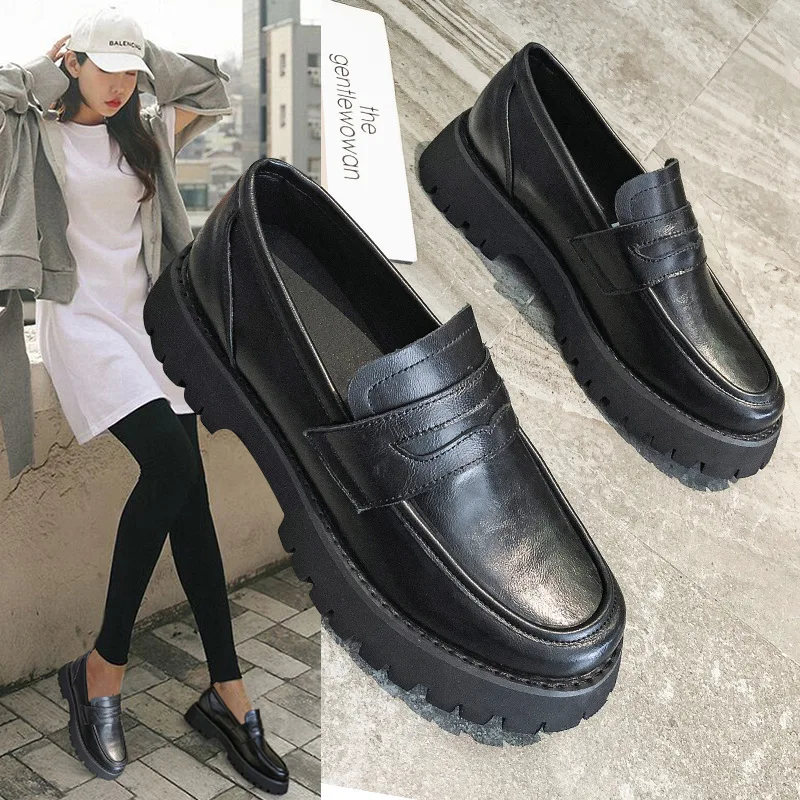 

Spring New Style Loafers British-Style Black And White with Pattern Small Leather Shoes Simple Versatile Chunky-Heel Thick Botto