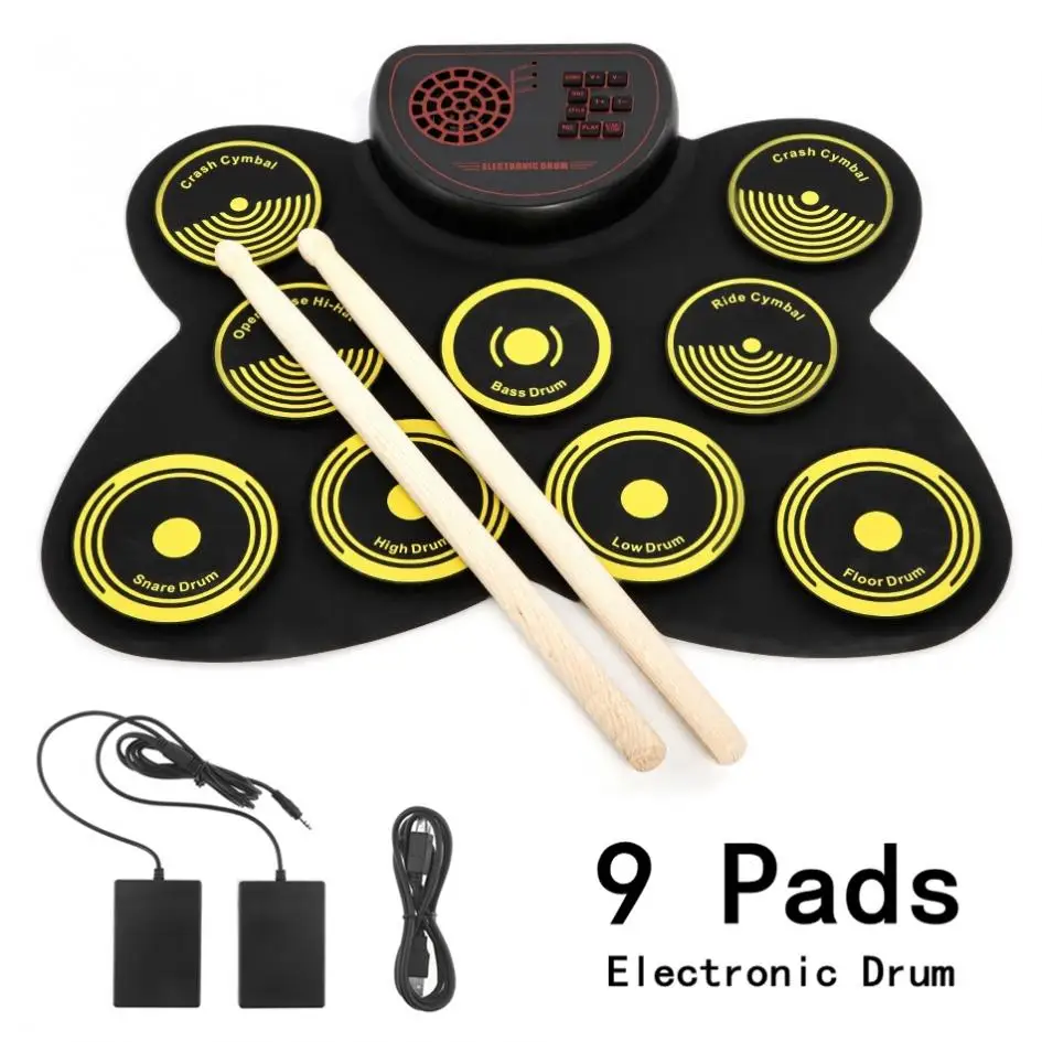 9 Pads Electronic Roll up Drum Silicone Thicken Built in Speakers Electric Kit with Drumsticks and Sustain Pedal |