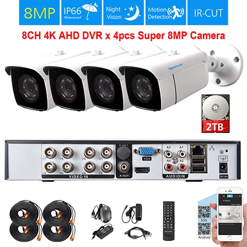 8CH DVR x 4 Camera TOPROHOIME h.265+ 8CH 4K Ultra HD комплект камер видеонаблюдения 1/3 SONY 8MP Водонепроницаемая камера ночного видения cctv система видеонаблюдения - Цвет: 8CH DVR x 4 Camera