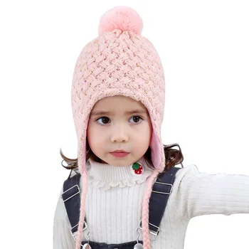 

Knitting Baby Earflap Hat Toddler Girls Solid Beanies Cap with Gold Wire Sweet Princess Braid Hat Big Pompom Polyester Elastic