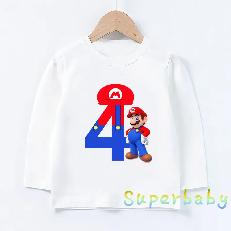 Детская футболка с принтом «Happy Birthday Super Mario» и цифрой 1-9, Забавные топы с рисунками для маленьких мальчиков и девочек, Детская футболка с длинными рукавами, LKP5233