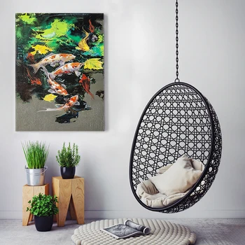 

Abstract Green Hand Painted oil Painting Goldfish Animal Art Poster Wall Canvas Painting Pictures Nordic Living Room Home Decor