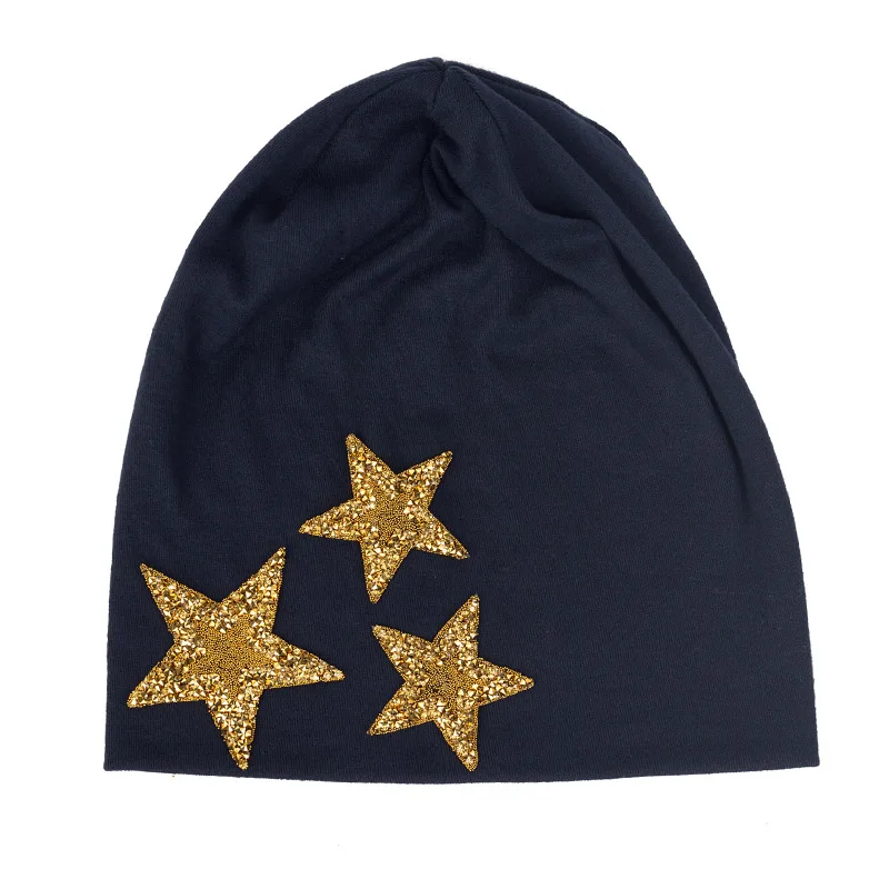 Women Winter Slouchy Fashion Skullies Beanies Star Rhinestones Cotton Hats For Ladies Female Fashion Baggy Solid Color Caps - Цвет: Gold Navy