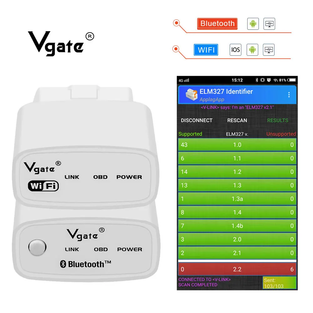 Vgate iCar ELM327 Wifi/Bluetooth OBD2 диагностический инструмент для IOS Android iCar на OBD2 OBD II протокол V2.1 считыватель кодов
