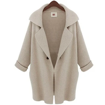 

Warm Lapel Neck Outwear Long Sleeve Knitting Loose With Pockets Cotton Blend Mid Length Winter Solid Button Women Jacket Fashion