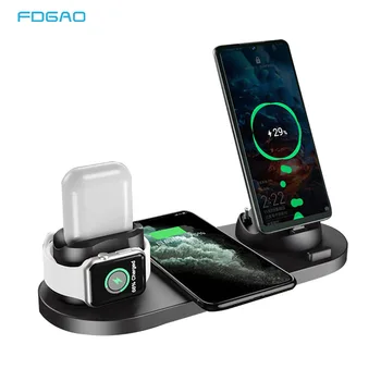 

6 in 1 Wireless Charger Station for iPhone/Android/Type-C USB Phones 10W Qi Fast Charging Dock Stand for Apple Watch AirPods Pro