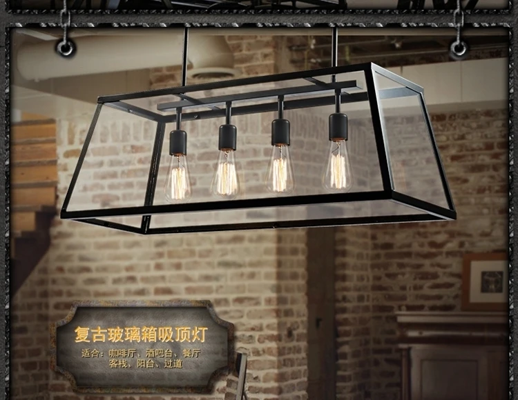 

American Minimalist Industrial Loft Wrought Iron Table Rectangular glass Box Chandelier 110-240V