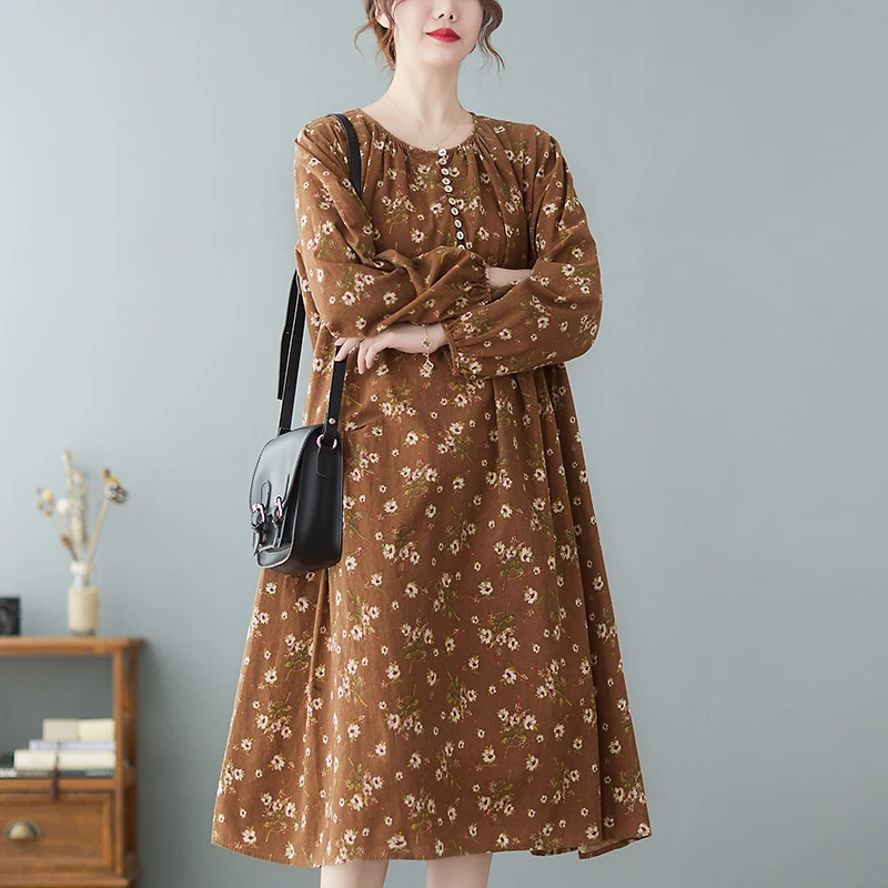 

Japanese Style Print Floral Long Sleeve Fashion Spring Dress Button Cotton Linen Loose Women Casual Autumn Midi Dress