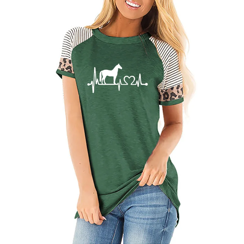 

Horse Heartbeat Line Print T Shirt Women O Neck Tshirt Fashion Women Cotton Short Sleeve striped leopard Tshirs