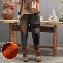 Женские флисовые джинсы на осень и зиму, винтажные теплые джинсовые вельветовые штаны с эластичной резинкой на талии, женские повседневные весенние брюки с вышивкой