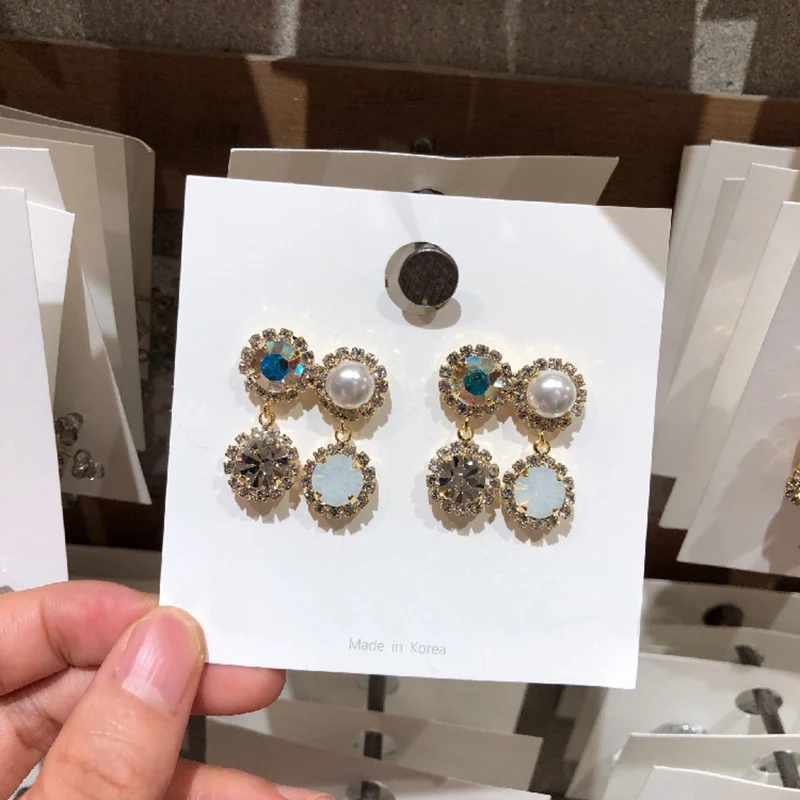 MENGJIQIAO корейский роскошный Bling Красочные Стразы Капли серьги для женщин элегантные Кристальные вечерние Pendientes ювелирные изделия