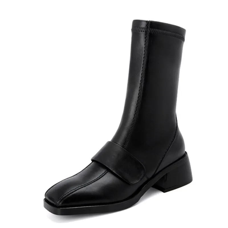 RIZABINA/женские ботинки до середины икры в стиле ретро на квадратном каблуке обувь из натуральной кожи на толстом каблуке осенне-зимняя повседневная женская обувь, размер 34-39 - Цвет: Черный