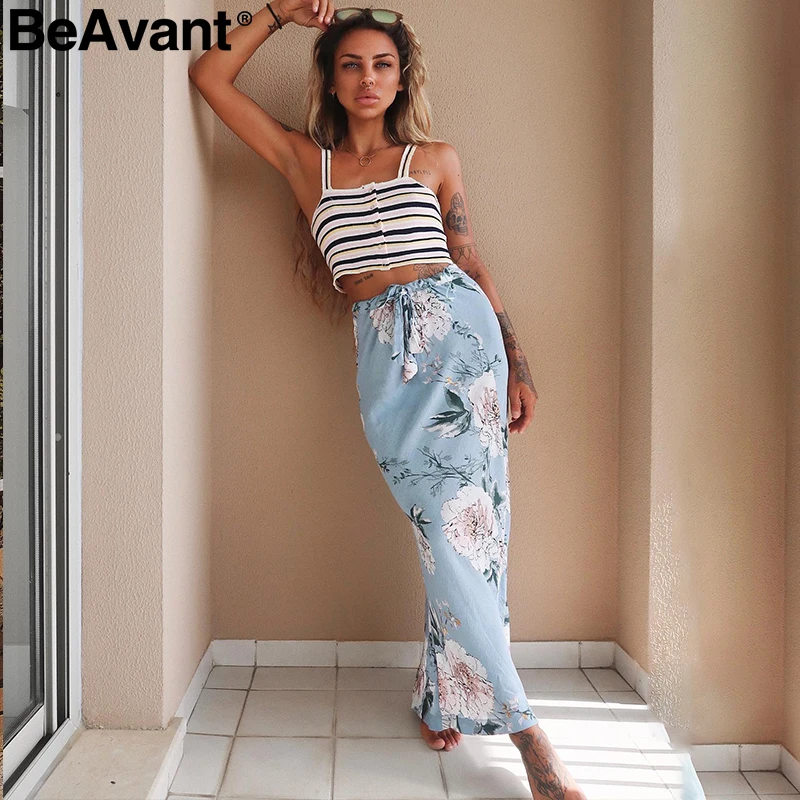 BeAvant, богемная длинная юбка с цветочным принтом, женская элегантная хлопковая юбка с бантом, женская юбка, Повседневная Уличная одежда, мягкие женские летние юбки