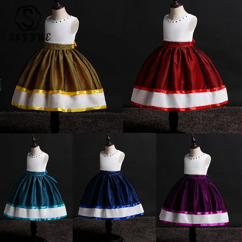 Skyyue Girl Princess Dress Appliquie Flower Tulle Flower Girl Dresses for Wedding O-neck Crystal Communion Gowns 5002