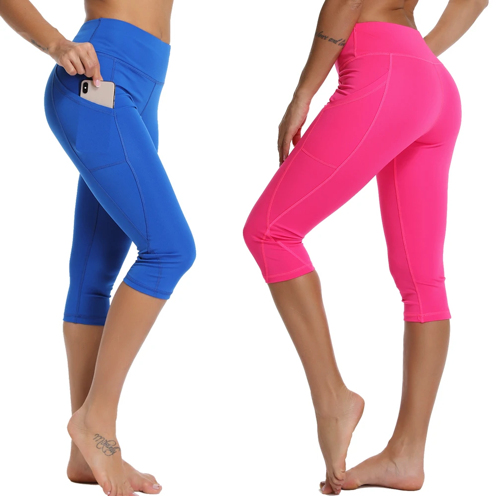 Sports Leggings Women 3/4 Gym Tights Casual Cropped Yoga With Side Pockets