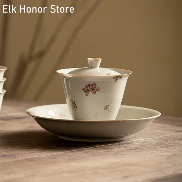130 Ml Kézzel Festett Sakura Művészet Kerámia Tea Tureen Jégszürke Mázas Készítő Gaiwan Japán Sancai Borító Tál Kung Fu Teárfészek Készlet