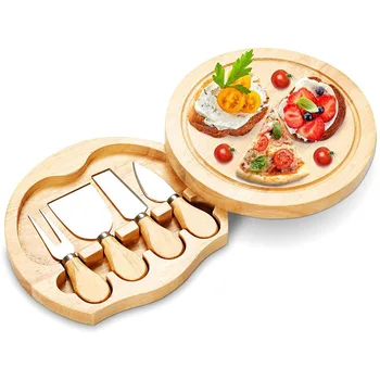 

Rubber wood cheese board cheese pizza cutting plate set with four cheese knives bamboo cheese board