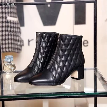 

Women Zipper pointed toe square high heel boots with rhombus Ankle boots Genuine Leather shoes keep warm in Autumn And Winter