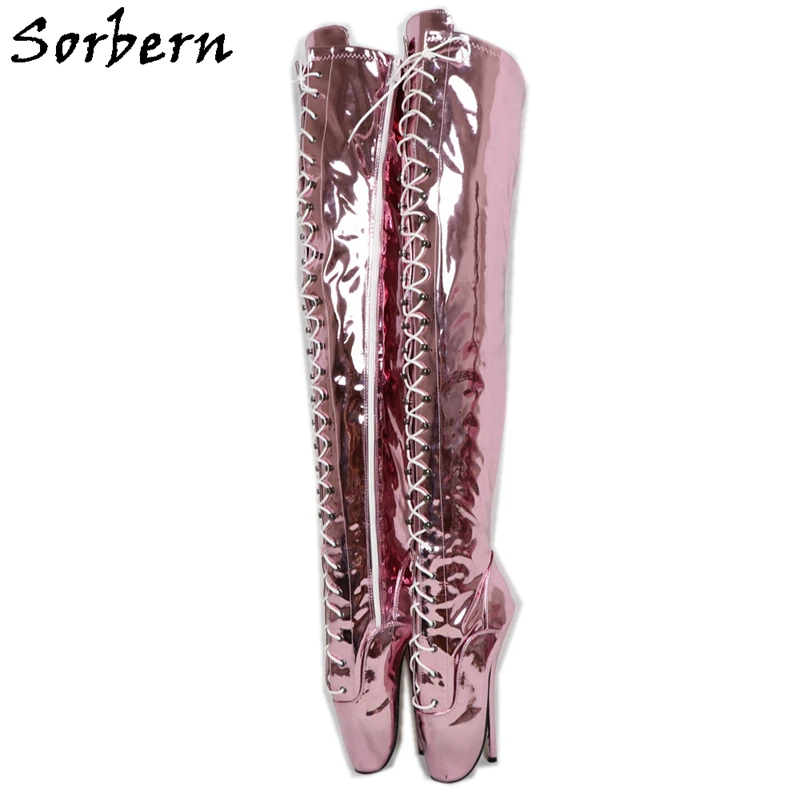 

Sorbern Fresh Green Metallic Crotch Thigh High Boots Women Ballet Stilettos High Heels Cross Lacing Fetish Heels Alternative