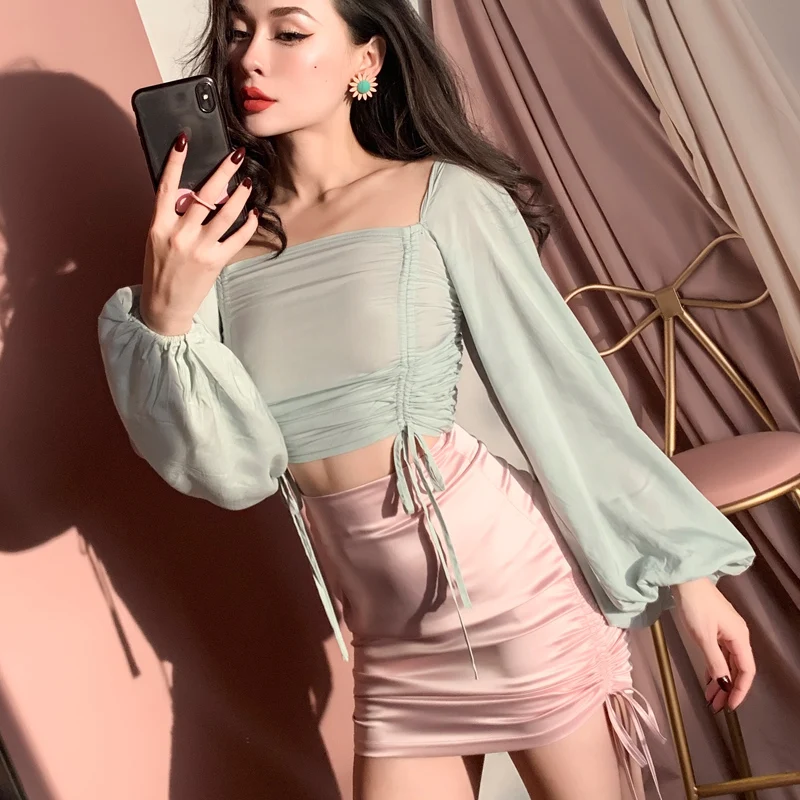 2019 Light Green Lantern Sleeve High Street Women Blouses | Женская одежда