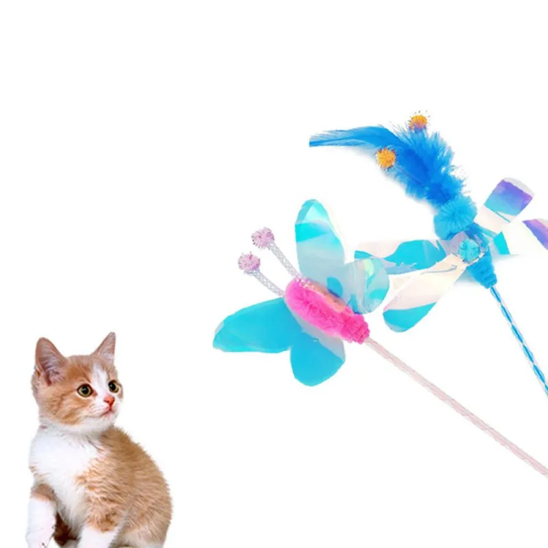Cat Toys Rod Teaser Wand Feather Pet for Cats Interactive Stick Supplies Colorful Butterfly worm | Дом и сад