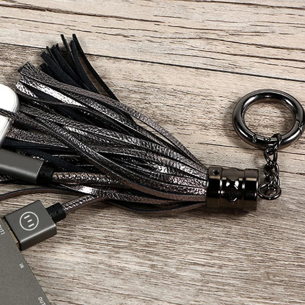 Портативный USB кожаный брелок с кисточкой зарядный кабель