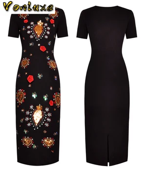 

Knitted Dress Women Quality Vintage Runway Designer O-Neck Short Sleeve Beading Flower High Elastic Bodycon Tight Dresses