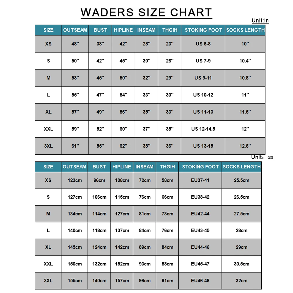 Fly Fishing Breathable Chest Waders size chart