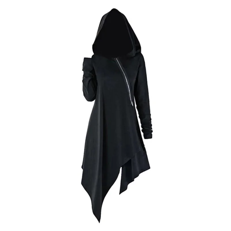  Women Hooded sweatshirt Irregular Hem Tops Pullover Jumper Vintage Long Sleeve Solid Color zipper a