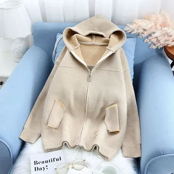 

hooded knitted women sweater and cardigan v-neck pocket thicken warm lady elegant outwear coat tops