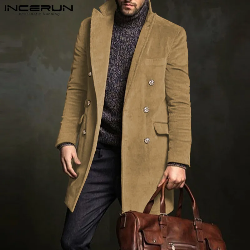 Winter Fashion Men Corduroy Coats Long Sleeve Double Breasted Elegant Jackets Solid Lapel 2020 Outerwear Mens Overcoats INCERUN