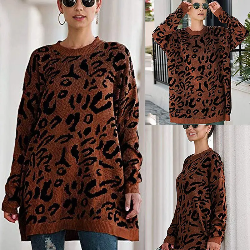 

Women Oversized Leopard Print Long Sleeve Casual Knitted Jumper Pullover Tops CX17