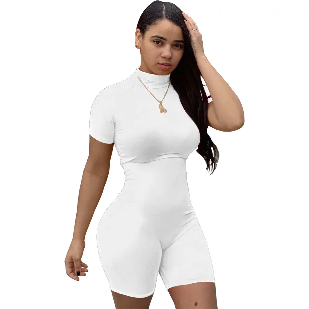 Women Sport Solid Color Short Sleeve Stand Neck Bodycon Skinny Playsuit