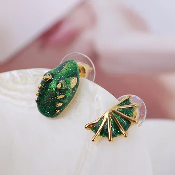 

European and American jewelry hand-painted colored glaze cute asymmetrical little dinosaur guardian knight earrings