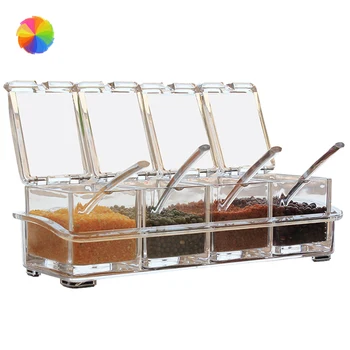 

4 Grid Kitchen Seasoning Box Set Crystal Transparent Seasoning Jar Salt Sugar Creative Seasoning Spoon Box Kitchen GadgetCY