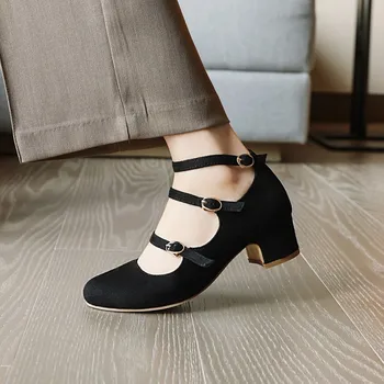 

Women's Belt Buckle Strappy Mary Jane Pumps Suede Leather Chunky Heel Cut Out Sandals Summer Shoes 4Colors Plus Size C525