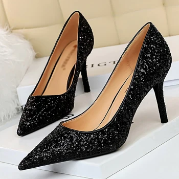 

Ladies High Heels Sexy Wedding Shoes 8.5cm High Heels For Ladies Black Glitter Stiletto Ladies Pumps Shoes
