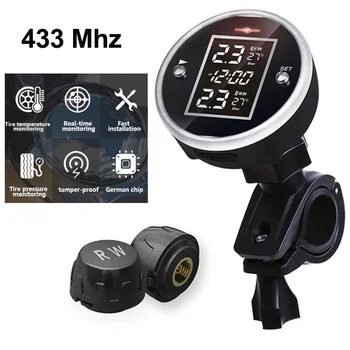 

433 Wireless Motorcycle Tire Pressure Monitoring System With Time Display Waterproof 2 External Sensors Motorcycle TPMS Monitor