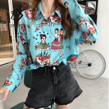 

2020 Spring New Women Batwing Sleeve Graffiti Print Shirt Turn-down Collar Oversize Top Vintage Blouse Feminina Blusa T9D709T