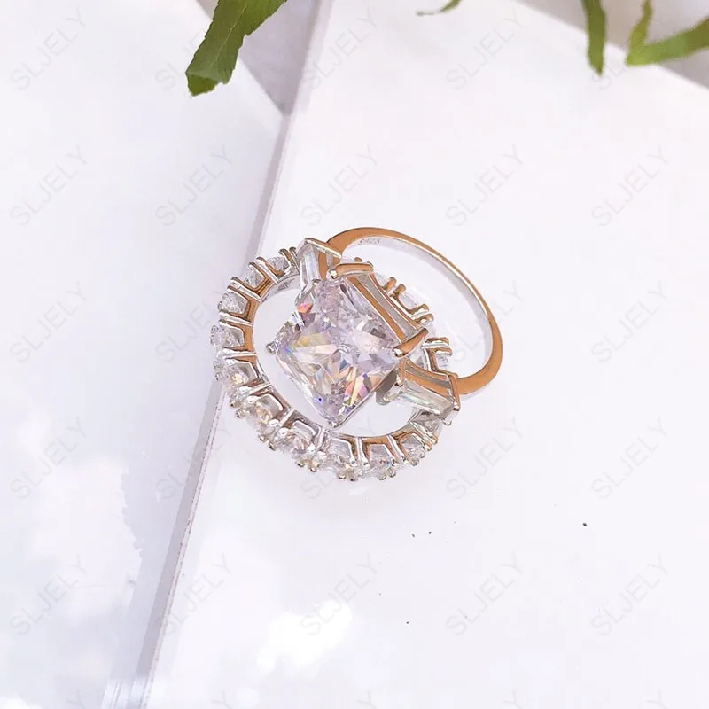 

SLJELY Luxury 925 Sterling Silver 2 In 1 Square CZ Finger Ring 5A Zircon Double Rings for Women Engagement Wedding Party Jewelry