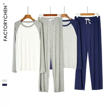 

Source Factory 2020 Autumn Modal New Style Men Simple Raglan Sleeve Long Cotton Silk Pajamas Women