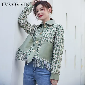 

TVVOVVIN Plaid Tassel Jacket Women Fashion New 2019 Autumn Single Breast Pocket Elegant Turn Down Collar Patchwork Coat X504