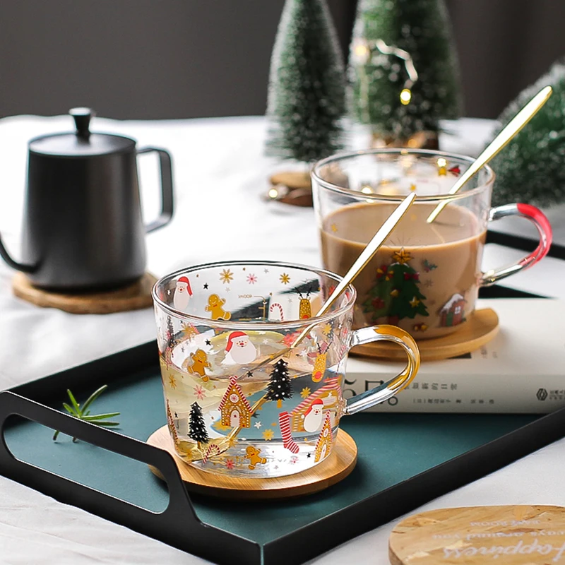 450/500ml Christmas Glass Mug with Handle Christmas Tree Coffee Water Tea Cup Heat Resistant Breakfast Milk Cup Children's Gifts