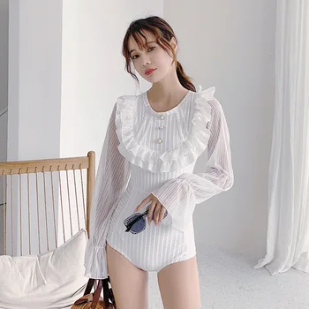 

One-Piece Swimsuits Woman Swim Wear Swimsuit For Surfing Sexy One Piece Suits Female Korean Ins Lace Long Sleeve Push Up High