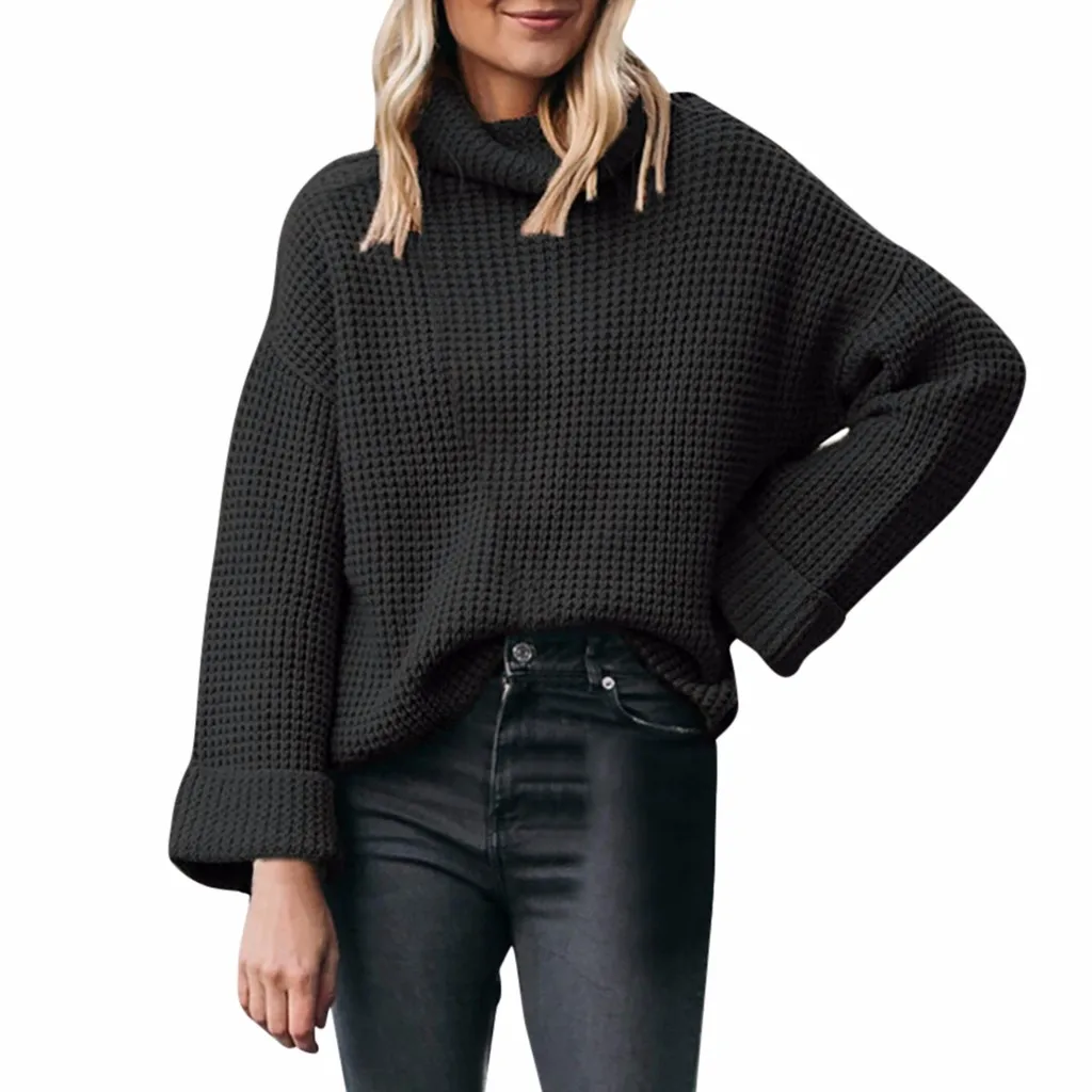

2019 Spring New High Collar Women's Sweater Female Big Code Rough Needle Clothes Lazy Style Pullover Sweater Pullover Women