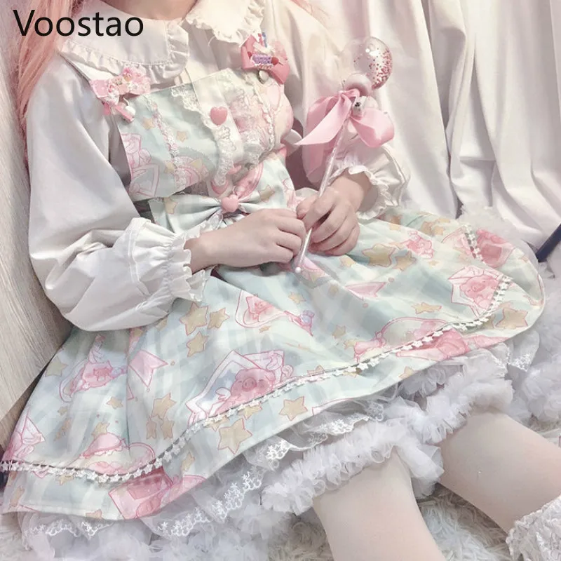 Lolita Dress Japanese Sweet Kawaii Jsk Lolita Dress Women Vintage Victorian Gothic Cartoon Sleeveless Bow Lace Princess Tea Party Dresses