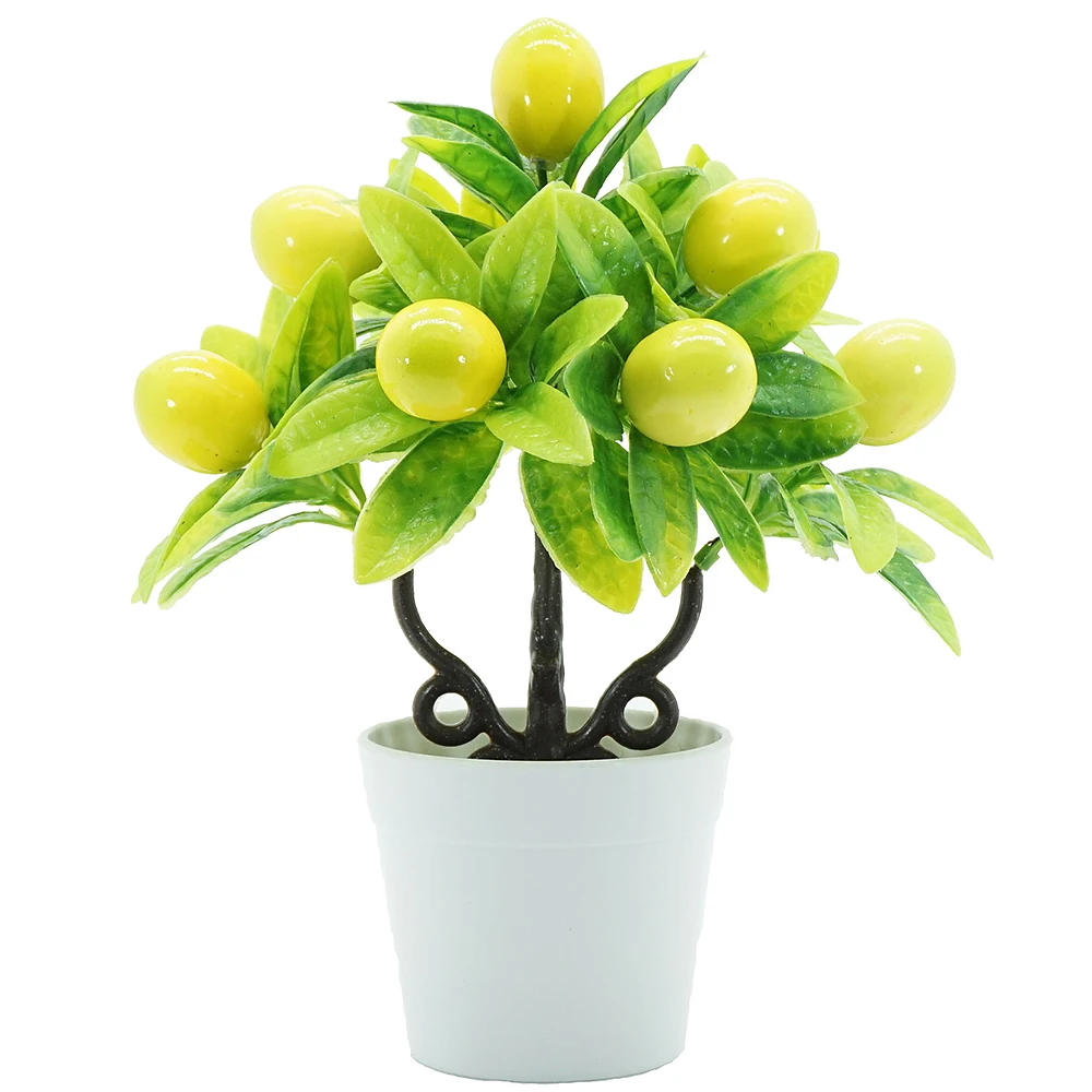 Artificial Small Fruit Tree Potted Plant Fake Lemon Peach Plastic Apple Tree Bonsai Plants Office Table Hotel Home Garden Decor
