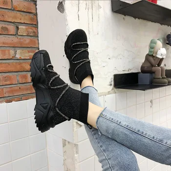 

2019 Autumn new high-top socks shoes women's elastic belt mesh sports shoes thick-soled casual walking shoes women ZZ-101