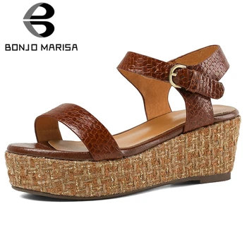 

BONJOMARISA Ins Female Summer Sandals Platform Genuine Leather Wedges Mixed Color Sandals Women Casual Office Shoes Woman