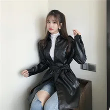 Fashion New Design PU Faux Leather Womens Jacket Coat Lace Up Autumn Ladies Tops Streetwear New Korean Style Female Clothes